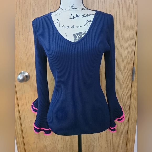 Milly Sweaters - Milly Ruffle Sleeve Frilly Preppy V-neck Navy Sweater